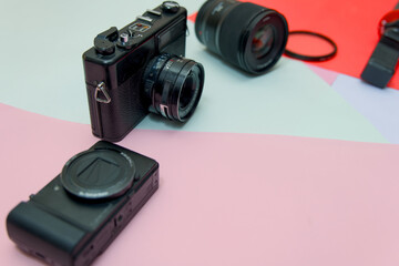 An Photographer equipment on colorful background side view with copy space