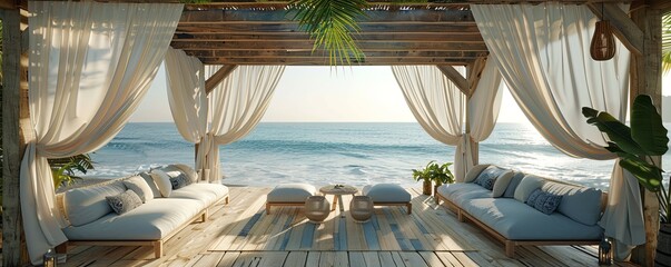Obraz premium Beachside cabana with flowing curtains and comfortable seating, relaxing and luxurious, perfect for a summer getaway