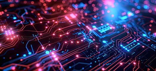 Fototapeta premium A computer chip with a blue background and orange and red lines