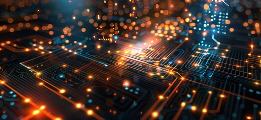 Obraz premium A computer chip with a blue background and orange and red lines