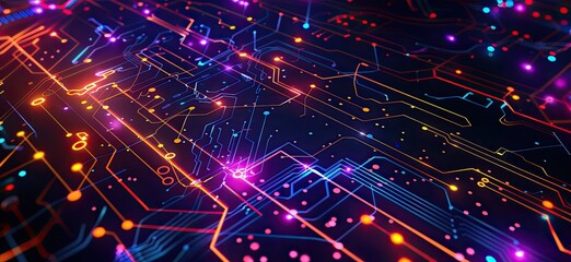 Fototapeta premium Against a backdrop of deep blue, a computer chip emerges, adorned with luminous orange and red lines, its futuristic design captivating the eye.