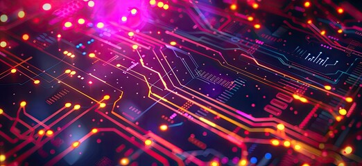 Fototapeta premium Against a backdrop of deep blue, a computer chip emerges, adorned with luminous orange and red lines, its futuristic design captivating the eye.