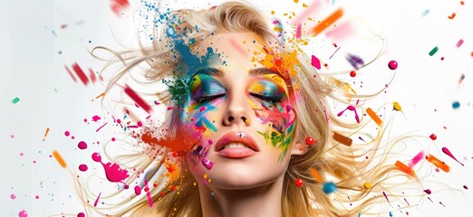 The primary focus of the image is on a woman wearing elaborate face paint in a multitude of colors.