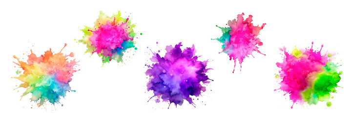 The set of water color splash is isolated on a transparent background. Bright colorful watercolor splash splatter stain brush stroke on white background. Modern vibrant aquarelle spot. 