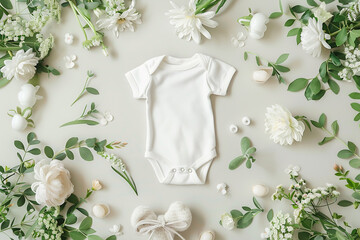 White cotton baby bodysuit with white flowers and green leaves on a grey background with copy space, spring pregnancy announcement mockup template, Generative AI