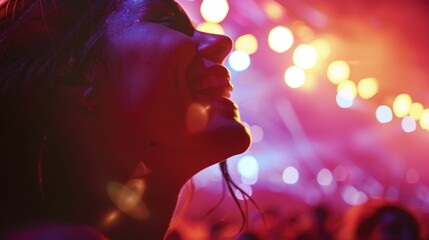 A woman is performing on stage under the orange lens flare, in the heat of an exciting concert...
