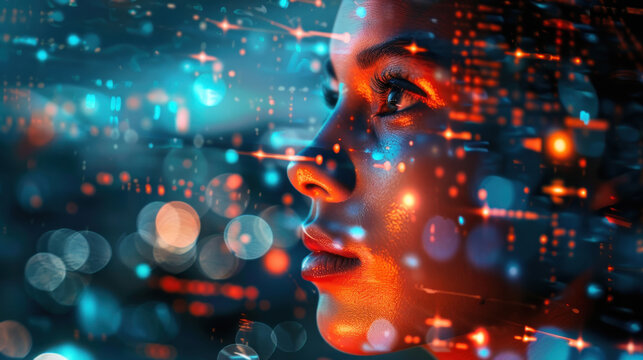 woman with technology . Futuristic young businesswoman face in cyberspace. Blurry light professional success in computing and coding. Digitally future innovation and creativity corporate office. - Powered by Adobe