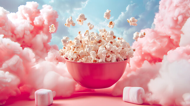 A giant popcorn bowl floating in a pink cotton candy sky with marshmallow clouds