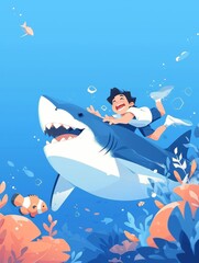 Cartoonstyle happy shark in vibrant colors, simplistic and stylized illustration, cheerful undersea scene