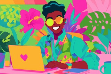 Cheerful cartoon character working diligently on a computer, office environment backdrop, bright and playful