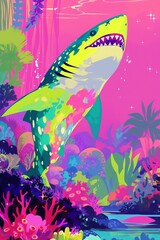 Colorful, cartoonish shark character, exaggerated features, in a bright, simplified underwater setting