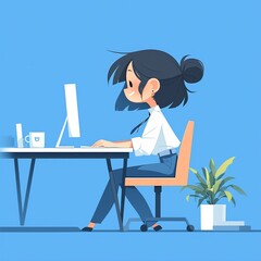 Playful cartoon of an employee at a computer, office background with coffee cup and plants, fun and engaging style