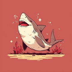 Playful cartoon shark in vivid colors, simple lines and curves, fun underwater theme illustration