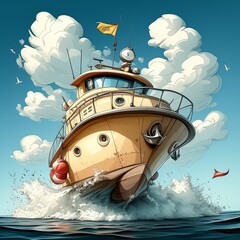 Playful cartoon yacht, bold and bright colors, simplified and stylized, ideal for a childrens animated series