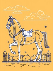 Vector graphic of a horse in a flat color style, minimal shapes and details on a warm brown background, vector art