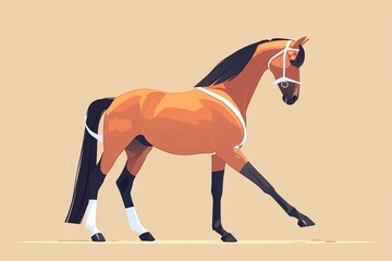 Stylized vector horse created with flat colors and basic shapes, set against a brown background, minimal vector aesthetics