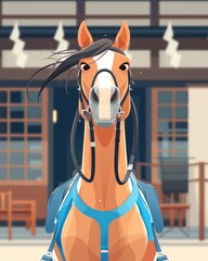 Vector illustration of a horse with flat color design, simple shapes on a brown background, minimalist vector art style