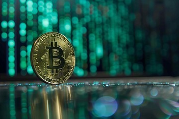 Bitcoin with a background of binary code