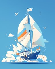 Brightly colored sailboat in cartoon style, playful waves, simplified design, ideal for a fun nursery poster