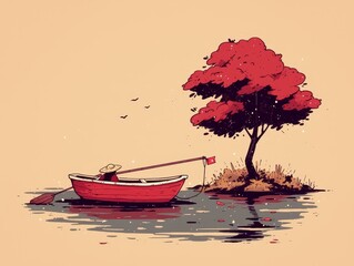 Cartoon rowboat on a serene pond, popping colors, simplified shapes, whimsical setting for storytelling