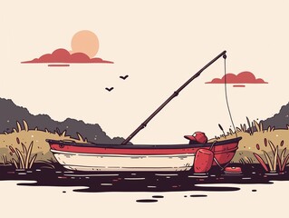 Cartoon rowboat on a serene pond, popping colors, simplified shapes, whimsical setting for storytelling
