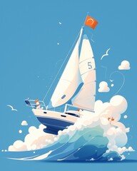 Brightly colored sailboat in cartoon style, playful waves, simplified design, ideal for a fun nursery poster