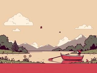 Cartoon rowboat on a serene pond, popping colors, simplified shapes, whimsical setting for storytelling