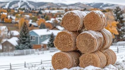 Hay bales background village in winter. Frost rural scenery, rustic farmland. Atmosphere frozen meadow. Overcast weather white straw harvest, cattle feed. dawn hill, round, farmer. Awe farming.