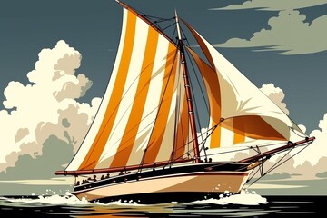 Cartoonstyle cheerful boat sailing on blue waters, vibrant colors, simplified and stylized for childrens illustration