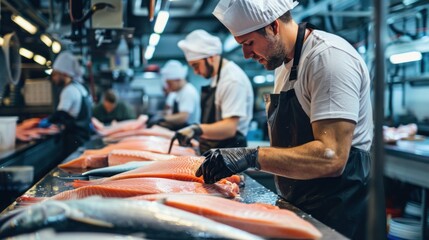 Production line of people who fillet fish in a factory
