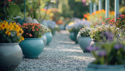 Flowers in pots in garden. Floral background. Blooming petal elegance in botanical. Freshness white tulip in pottery container. Purity delicate flowers sunlight. Vitality colours and gentle growth.