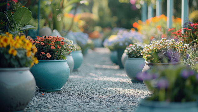 Flowers in pots in garden. Floral background. Blooming petal elegance in botanical. Freshness white tulip in pottery container. Purity delicate flowers sunlight. Vitality colours and gentle growth.