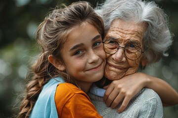 Fototapeta premium Smiling Girl Hugging Elderly Grandmother Outdoors