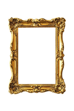 Carved gilded picture frame, vintage golden rectangle frame for photo, png with transparent background