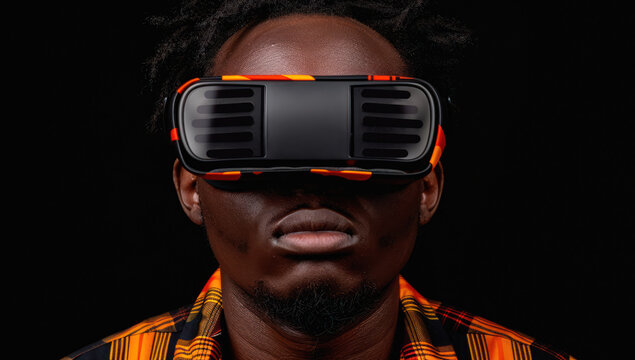 Portrait african american man, young adult in living room, wearing futuristic virtual reality headset. In online game, connected internet, future technology home in evening.