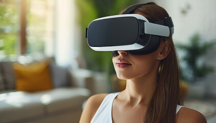 Young woman wearing virtual reality goggles at home. Glimpse into the future of technology and entertainment. Enjoying the immersive experience of modern gaming through hi tech device.