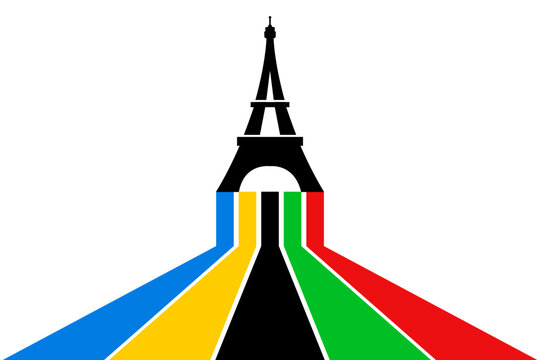 Colored Olympic Games rainbow lines flag converge in Eiffel Tower
