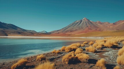 Red volcanic mountains and blue salt lakes beautiful nature background