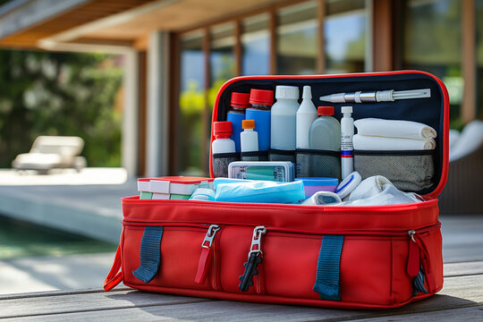 First aid kit in front of the house.