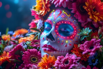 Colorful Catrina face for D&iacute;a de los Muertos, Day of the dead among flowers. Traditional, religious and mexican celebration.