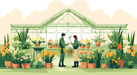 Gardening, florist man and woman working in greenhouse vector flat illustration.