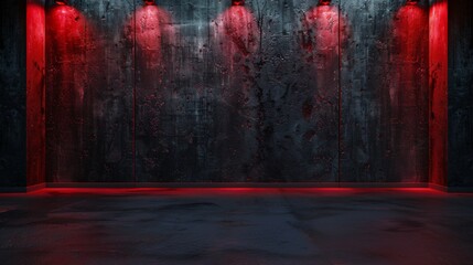 A dark wall with red illumination and decorative elements