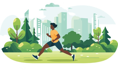 Young african american man jogging in city park. Sport and healthy lifestyle vector illustration.