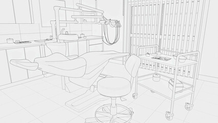 Concept outline sketch drawing of empty dentist clinic office interior with dental unit - comfortable chair and modern equipment. Dentistry surgery room - black and white line art 3D illustration.