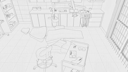 Black and white hand drawn sketch of empty interior dentist clinic with dental unit - comfortable chair and medical tools, dentistry surgery with modern equipment. Concept drawing 3D illustration.