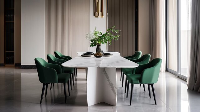 Comedor contempor&aacute;neo con mesa de m&aacute;rmol blanco y sillas verdes, decoraci&oacute;n elegante y minimalista