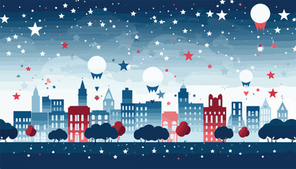Naklejka premium vector illustration of the city at night with stars, clouds and trees