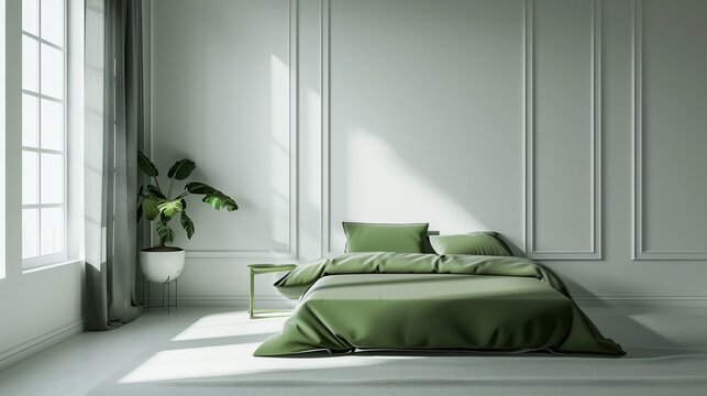 Dormitorio con cama verde y paredes blancas, decoraci&oacute;n minimalista y serena