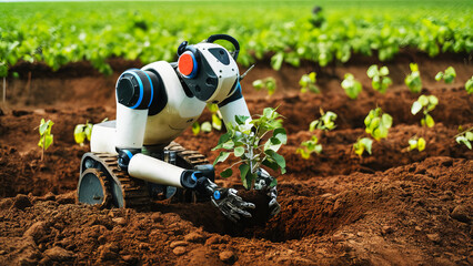 A humanoid robot planting a tree  use of modern technology and AI in agriculture green environment 