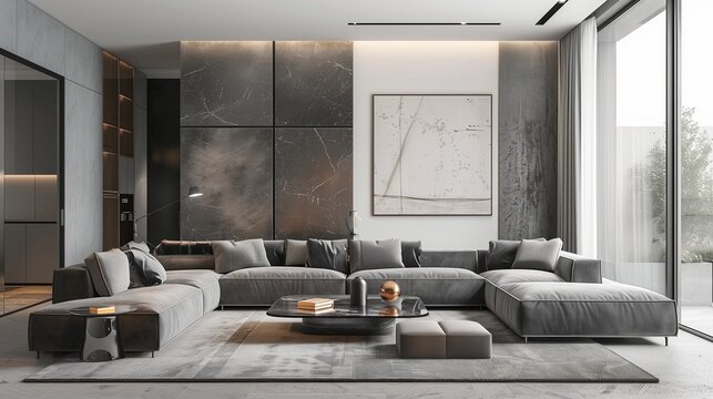 Moderna sala de estar con sofás grises y decoración minimalista en tonos neutros